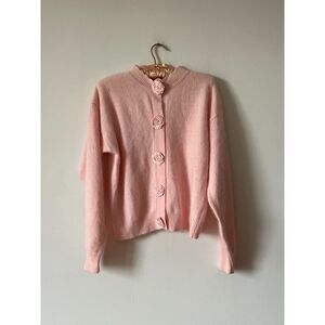 Pastel Pink Rosette Button Lambswool Angora Cardigan Vintage Allen Solly M